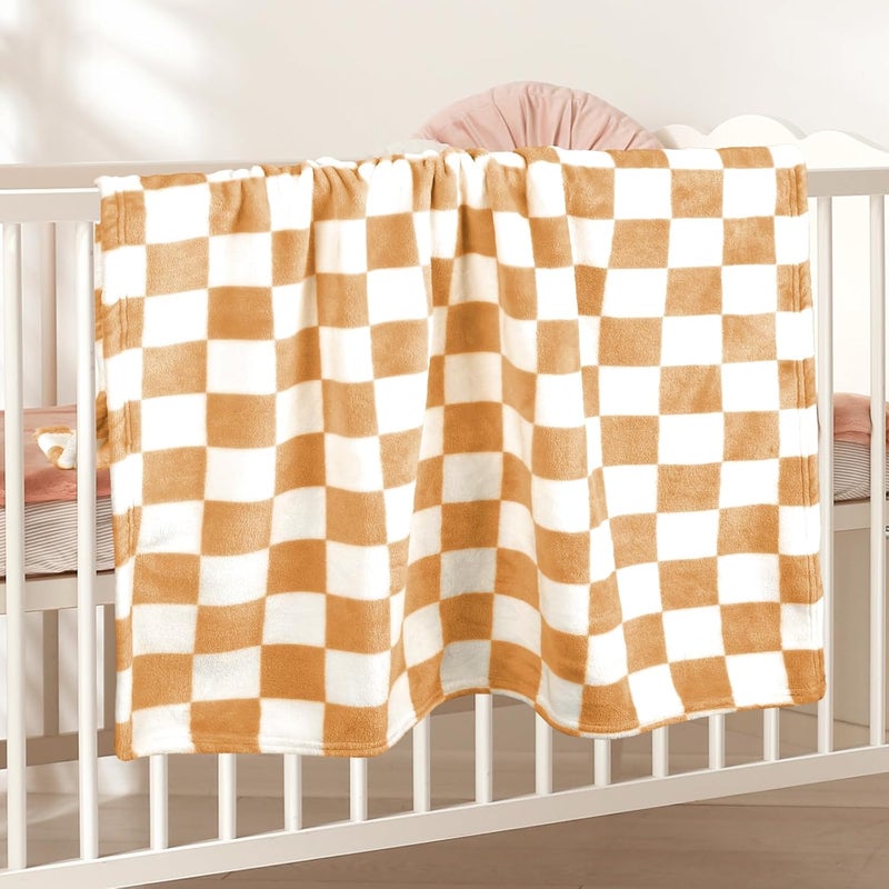 GreatBba Plush Checkered Baby Blanket for Boys Girls Nursery, 30"*40" Warm Short Fleece Blanket Neutral for Infant Newborn, Small Fuzzy for Sleeping, Chenille Baby for Stroller (Orange&White) - Image 3